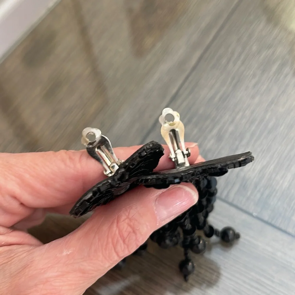 Vintage 80’s Black Sequin & Beaded Heart Clip Earrings